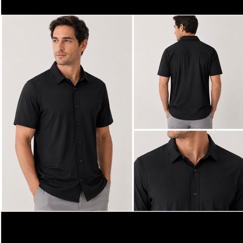 Fabletics Mens Black Short Sleeve Button Down Shirt SS2500565‎ Size Large